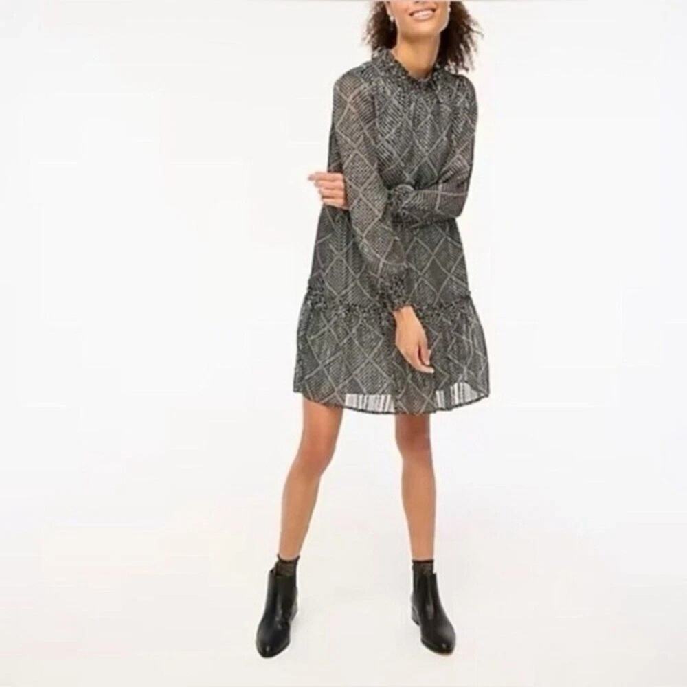 J Crew Black Polka Dot Long Sleeve Mock Neck Tiered Shift Mini Dress Size XXL